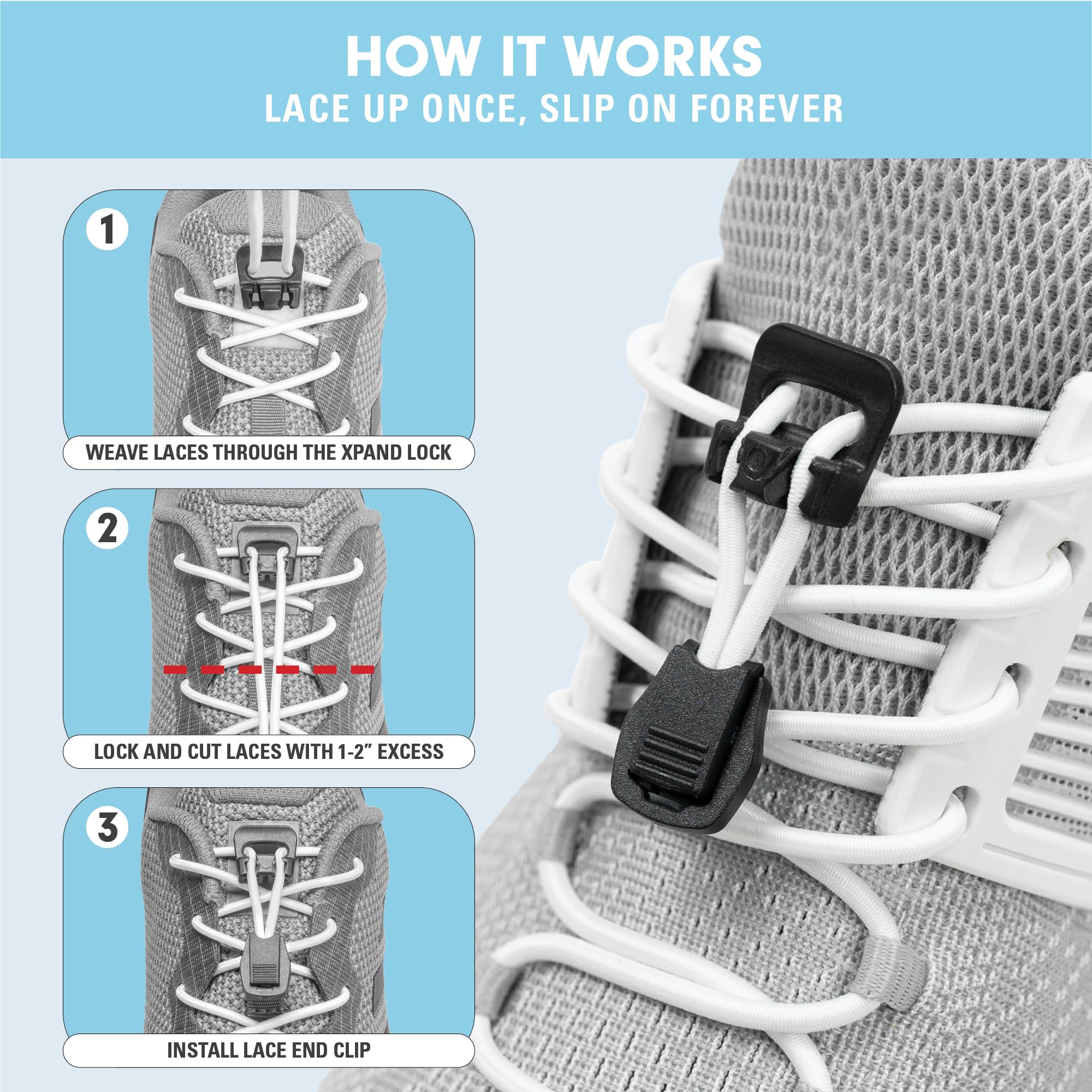 Xpand Round Lacing. Elastic No Tie Shoelaces - Quick Release Tension Control - One Size Fits All Adult and Kids Shoes - Image 4
