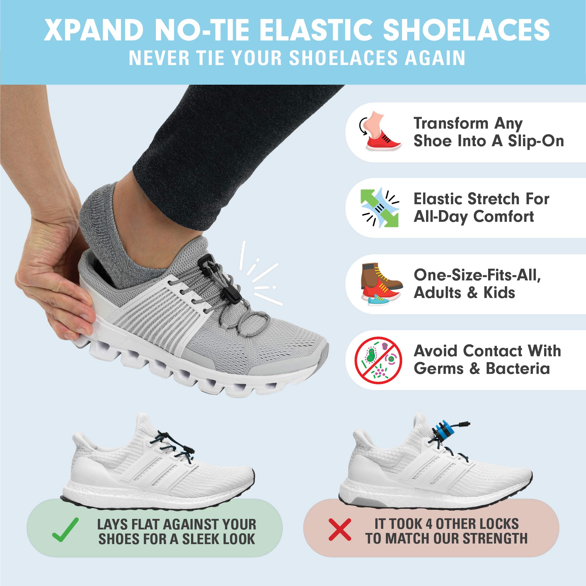 Xpand Round Lacing. Elastic No Tie Shoelaces - Quick Release Tension Control - One Size Fits All Adult and Kids Shoes - Image 4