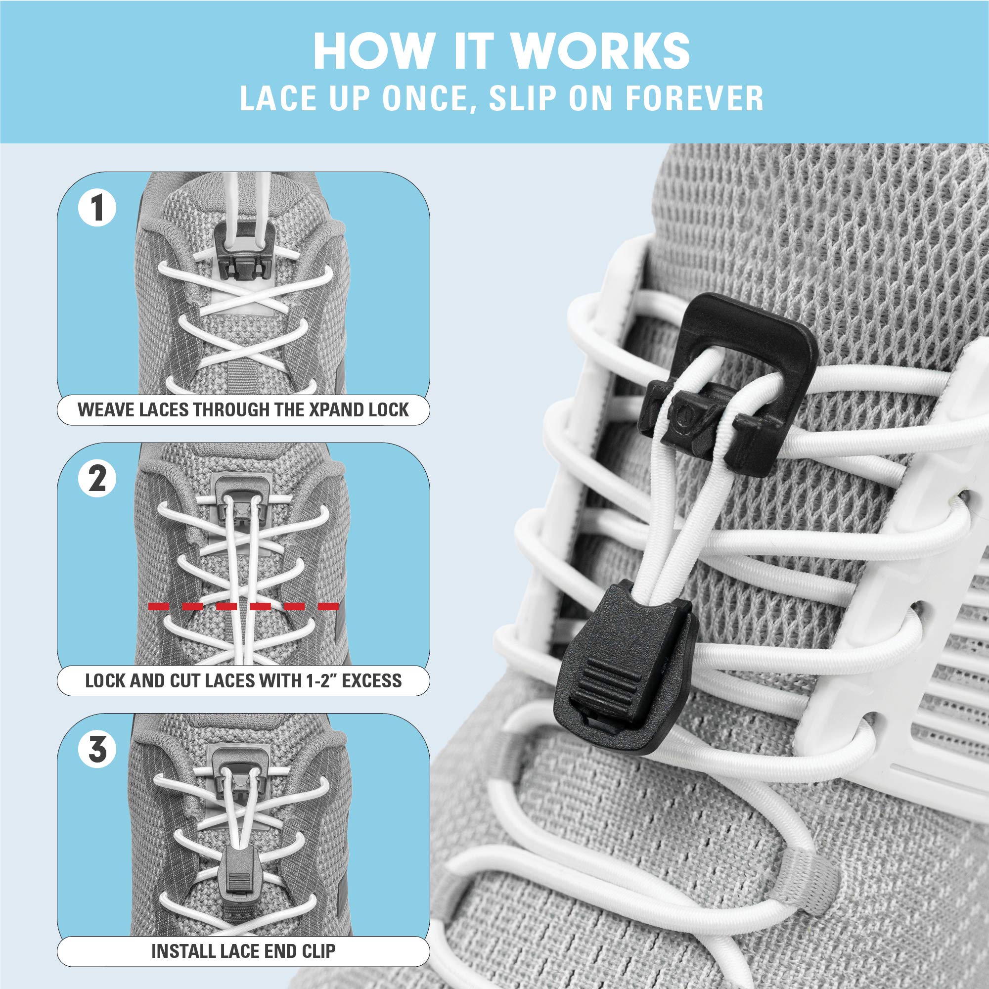 Xpand Round No Tie Shoelaces - Elastic Lacing System - One Size Fits All Adults and Kids Shoes (Pack of 2) - Image 4