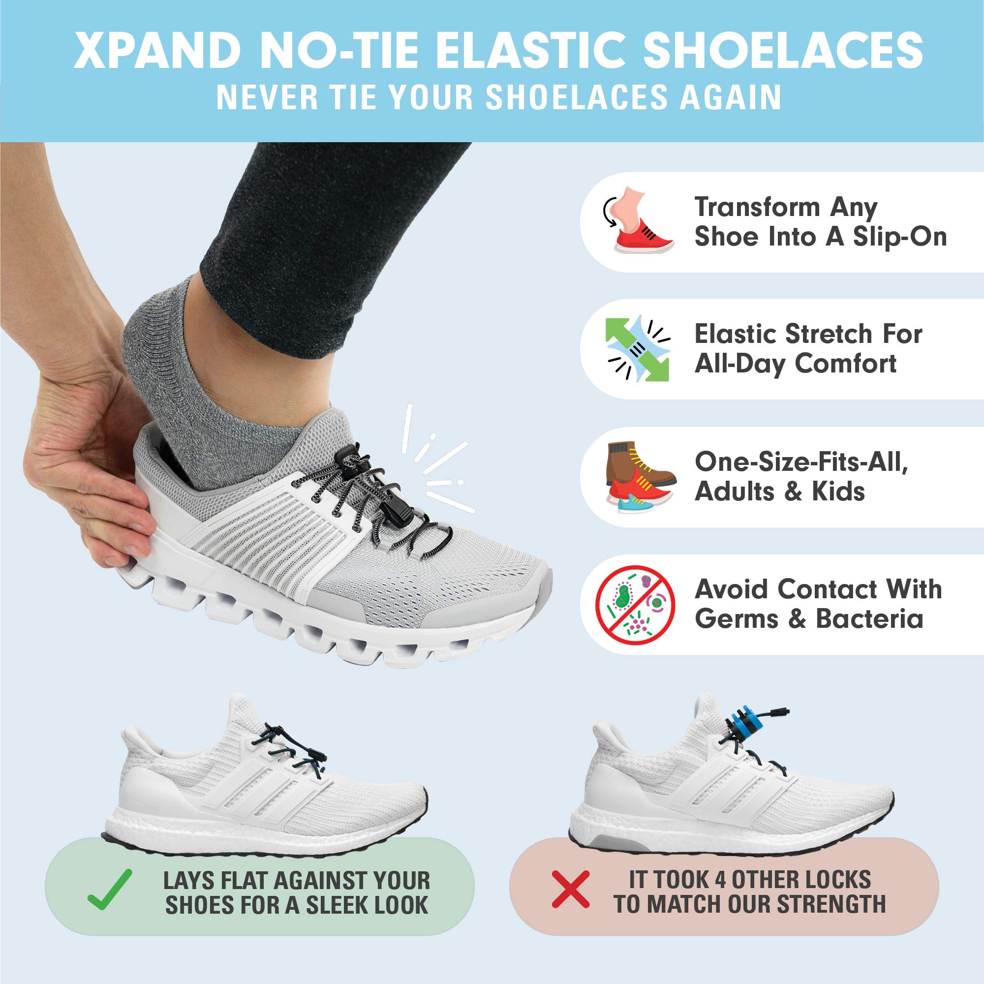 Xpand Round No Tie Shoelaces - Elastic Lacing System - One Size Fits All Adults and Kids Shoes (Pack of 2) - Image 5